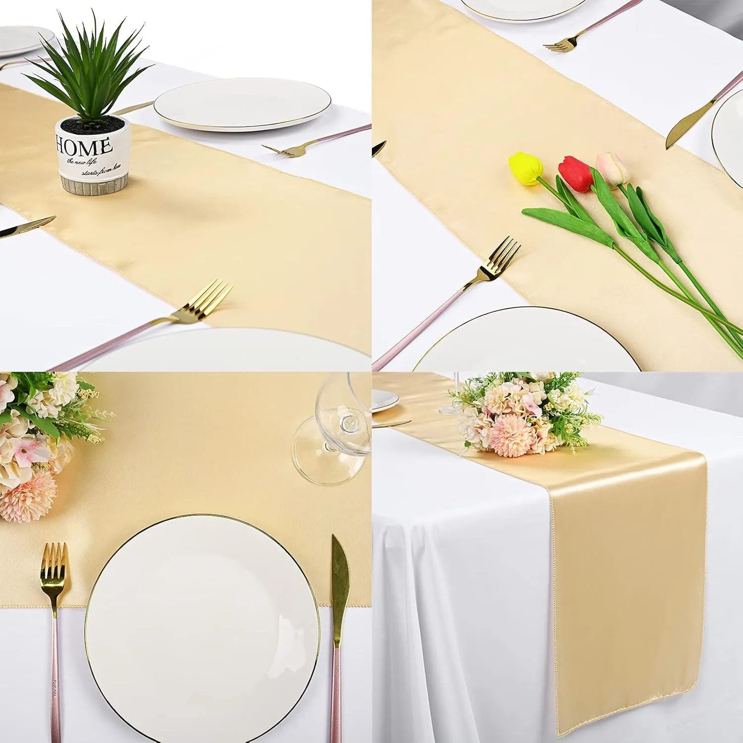 10-Pack Champagne 12 x 108 inches Long Premium Satin Table Runner for Wedding, Decorations for Birthday Parties, Banquets, Graduations, Engagements, Table Runners fit Rectange and Round Table