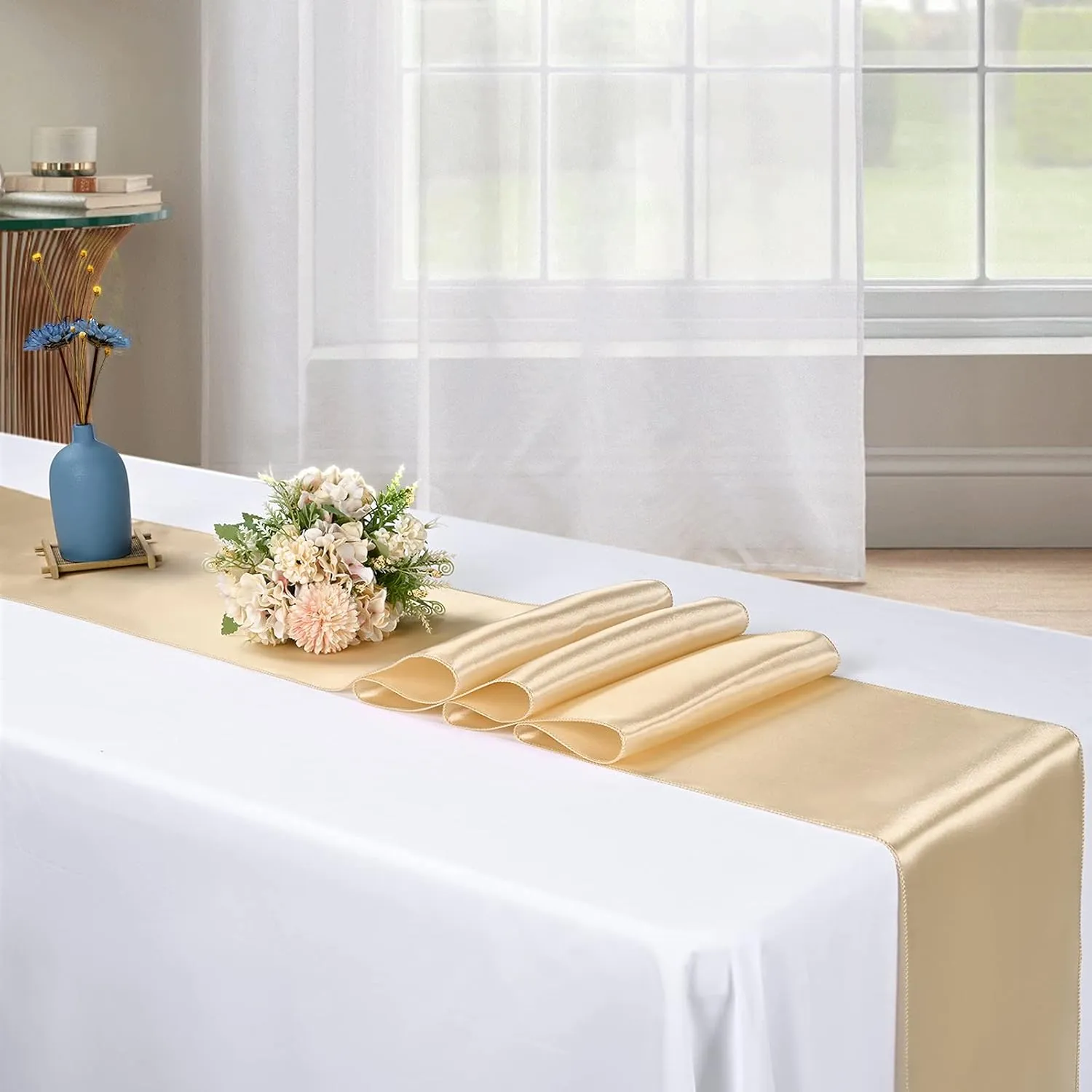 10-Pack Champagne 12 x 108 inches Long Premium Satin Table Runner for Wedding, Decorations for Birthday Parties, Banquets, Graduations, Engagements, Table Runners fit Rectange and Round Table