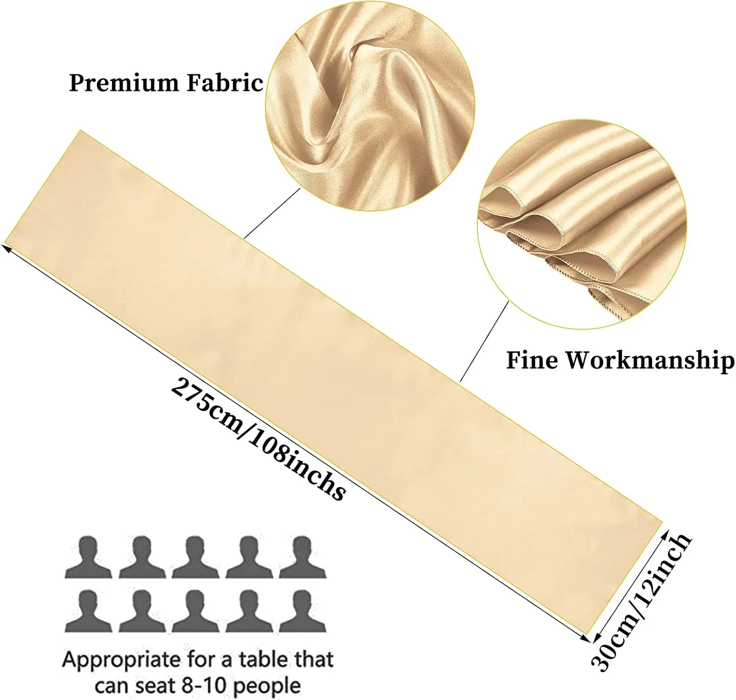 10-Pack Champagne 12 x 108 inches Long Premium Satin Table Runner for Wedding, Decorations for Birthday Parties, Banquets, Graduations, Engagements, Table Runners fit Rectange and Round Table