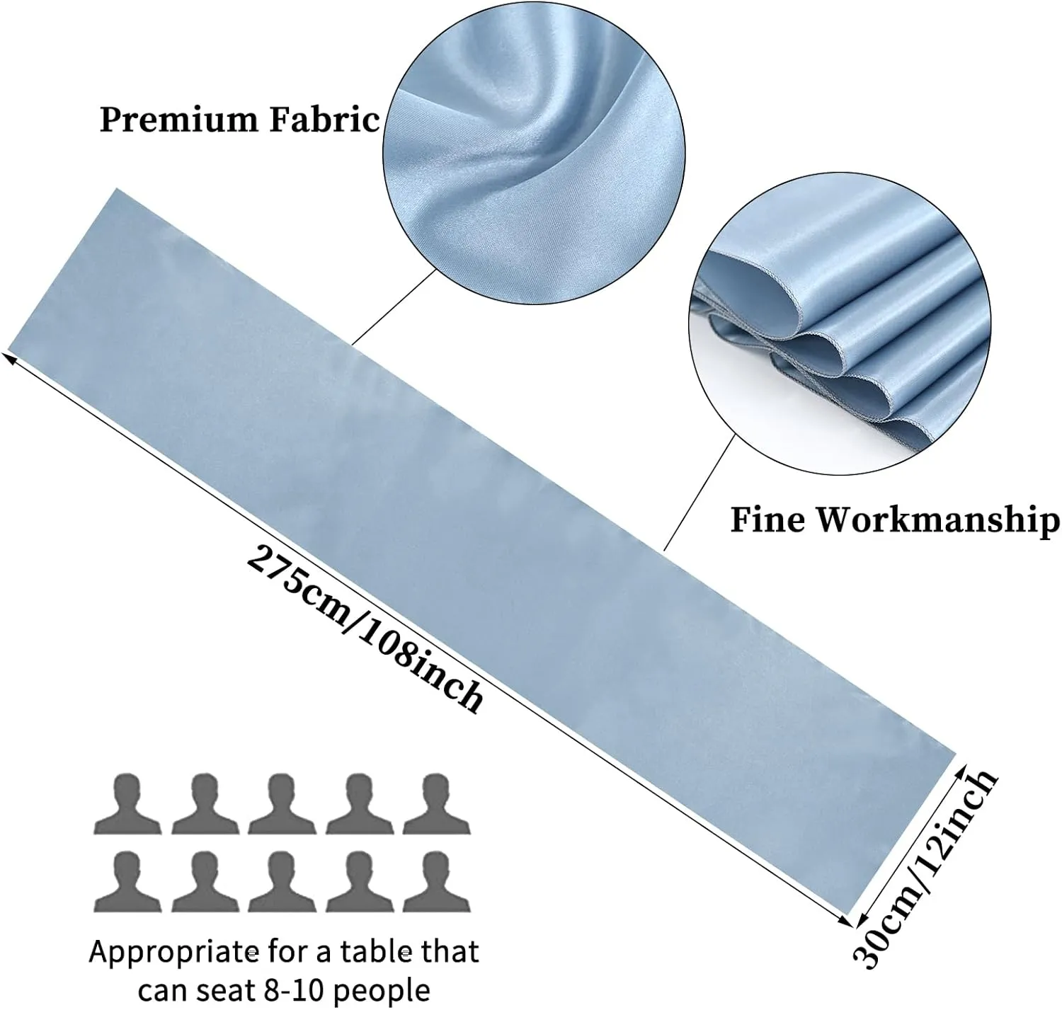 10-Pack Dusty Blue 12 x 108 inches Long Premium Satin Table Runner for Wedding, Decorations for Birthday Parties, Banquets, Graduations, Engagements, Table Runners fit Rectange and Round Table