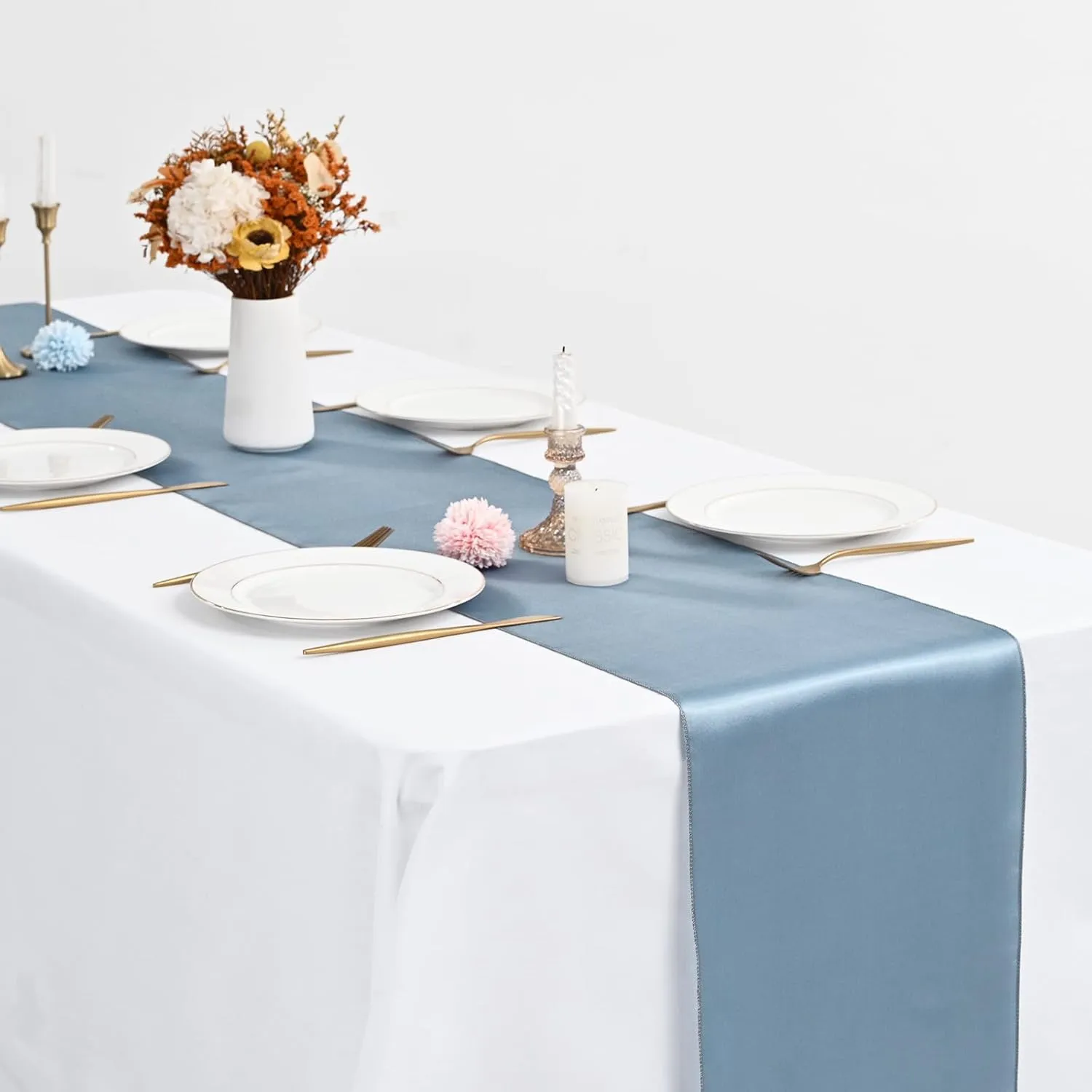 10-Pack Dusty Blue 12 x 108 inches Long Premium Satin Table Runner for Wedding, Decorations for Birthday Parties, Banquets, Graduations, Engagements, Table Runners fit Rectange and Round Table