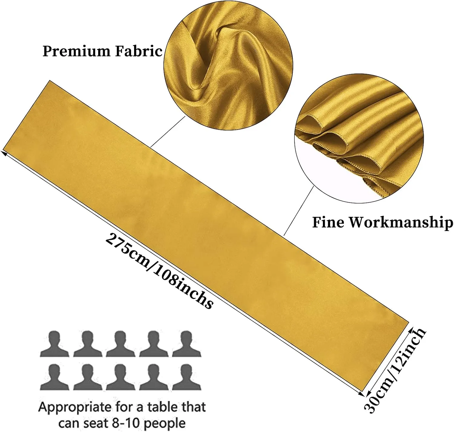 10-Pack Gold 12 x 108 inches Long Premium Satin Table Runner for Wedding, Decorations for Birthday Parties, Banquets, Graduations, Engagements, Table Runners fit Rectange and Round Table