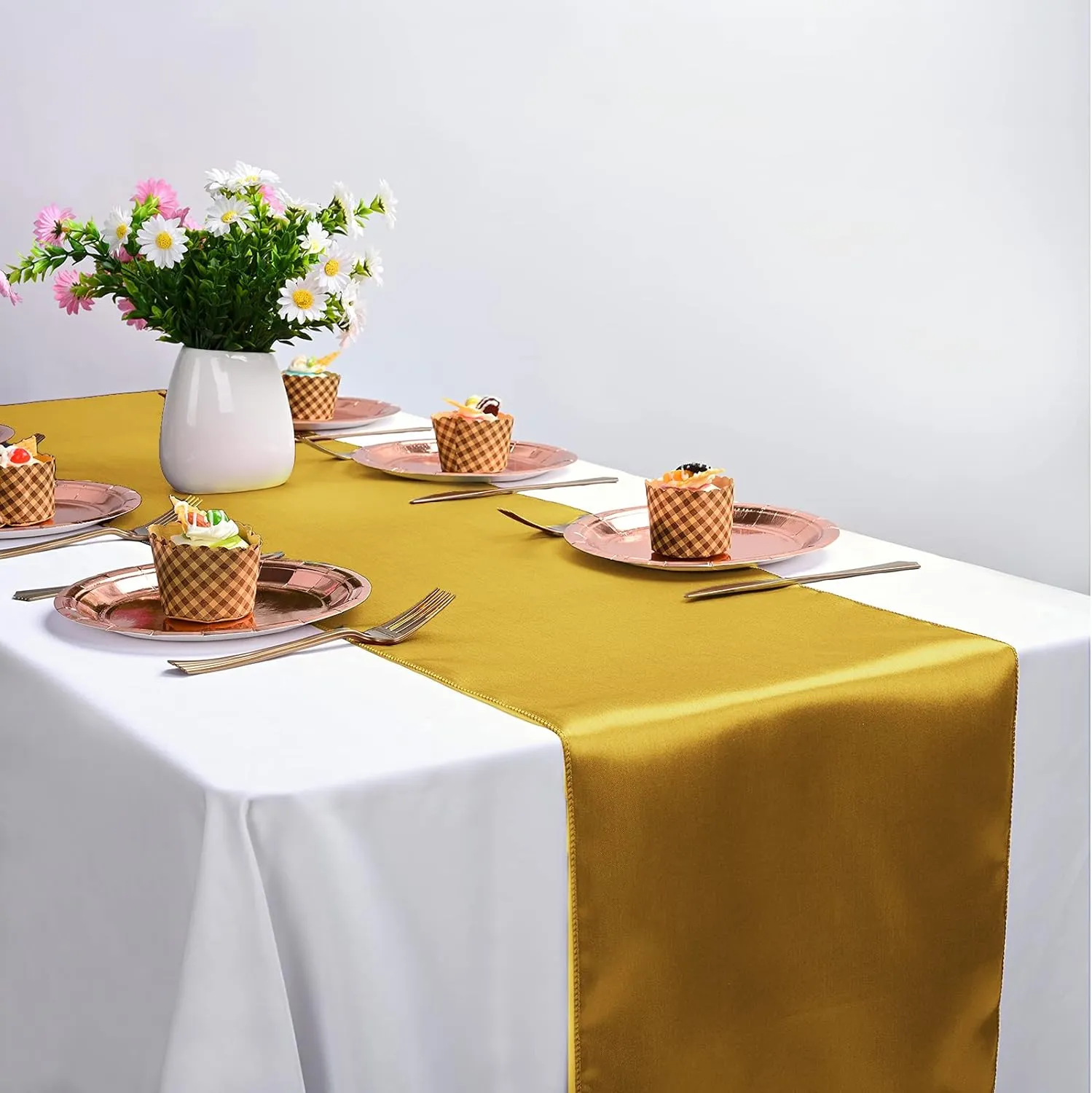10-Pack Gold 12 x 108 inches Long Premium Satin Table Runner for Wedding, Decorations for Birthday Parties, Banquets, Graduations, Engagements, Table Runners fit Rectange and Round Table