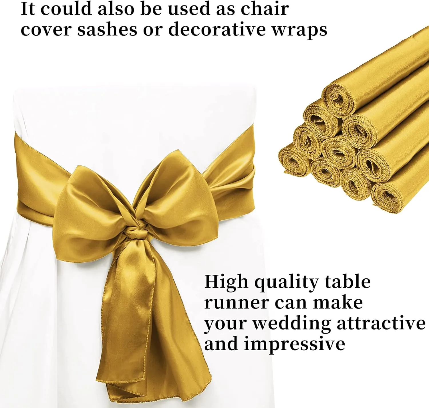 10-Pack Gold 12 x 108 inches Long Premium Satin Table Runner for Wedding, Decorations for Birthday Parties, Banquets, Graduations, Engagements, Table Runners fit Rectange and Round Table