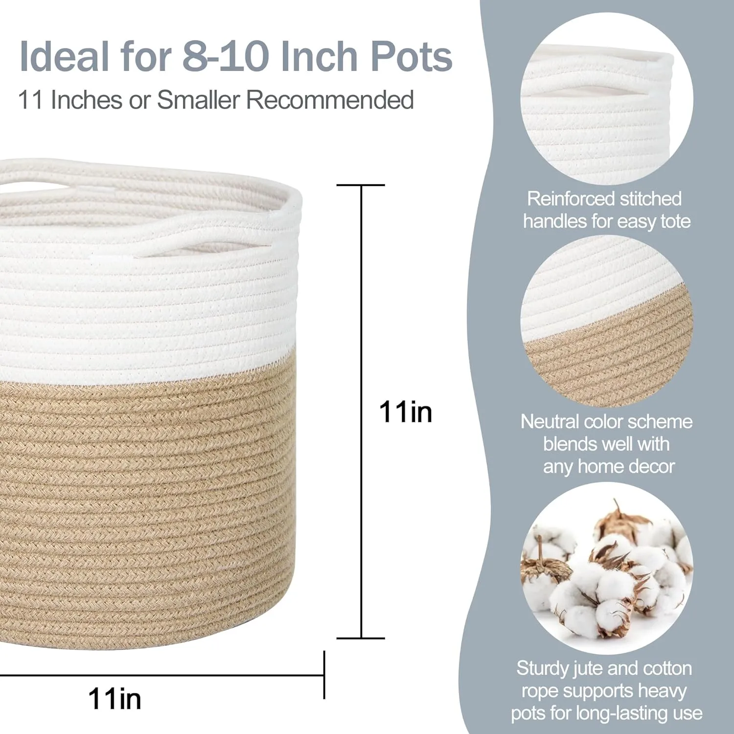 11" Wicker Plant Basket, Jute Spliced Cotton Rope Woven Basket Planter for 10 inch Pot, Indoor Decorative Flower Pot Cover, Boho Tree Basket for Artificial Trees, Small Round Basket for Decor