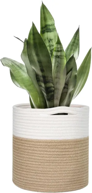 11" Wicker Plant Basket, Jute Spliced Cotton Rope Woven Basket Planter for 10 inch Pot, Indoor Decorative Flower Pot Cover, Boho Tree Basket for Artificial Trees, Small Round Basket for Decor