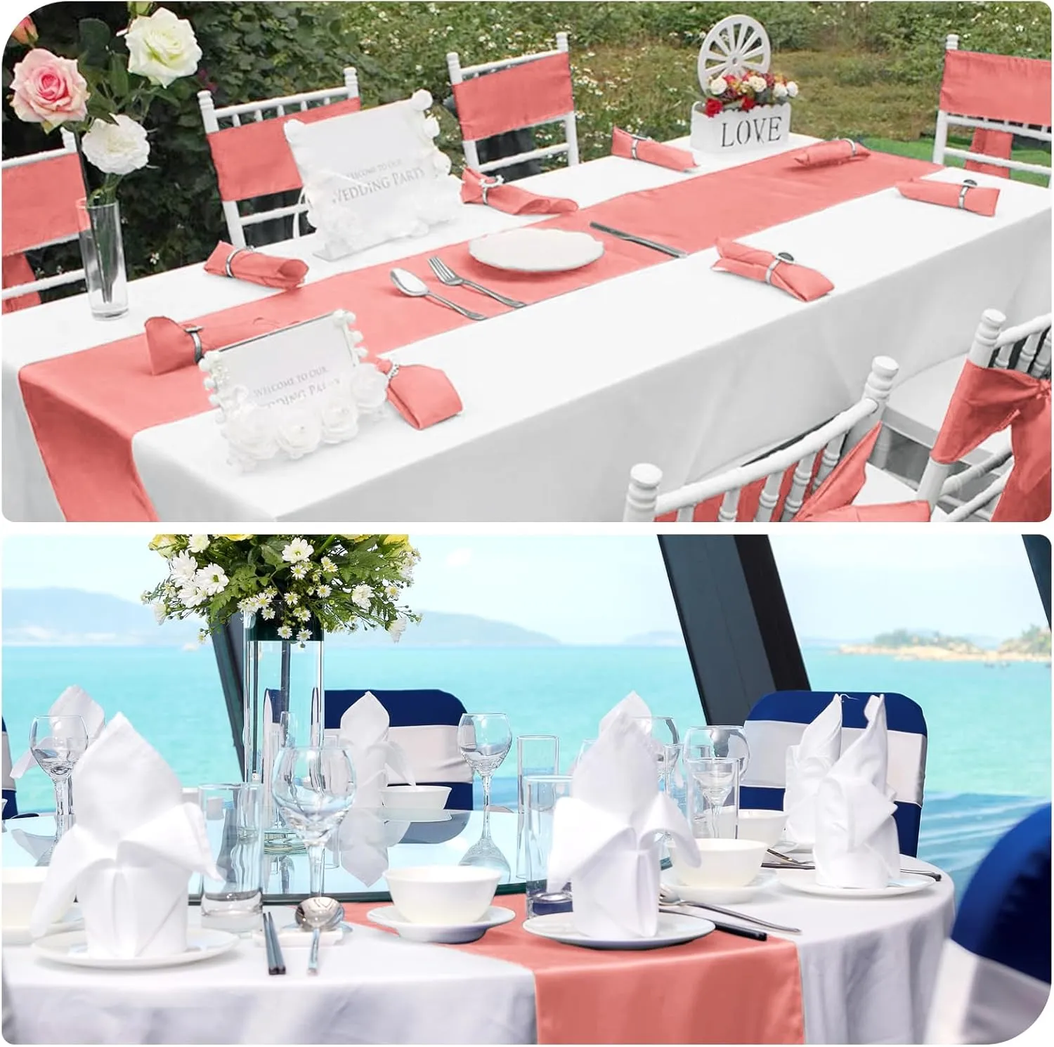 12 Pack Coral Satin Table Runner 12 x 108 Inch Long Premium Table Runners for Wedding Party Events Decoration, Birthday Parties, Banquets Decorations, Graduations, Engagements