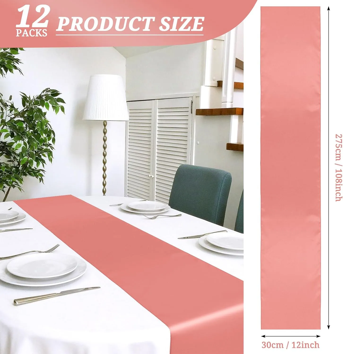 12 Pack Coral Satin Table Runner 12 x 108 Inch Long Premium Table Runners for Wedding Party Events Decoration, Birthday Parties, Banquets Decorations, Graduations, Engagements