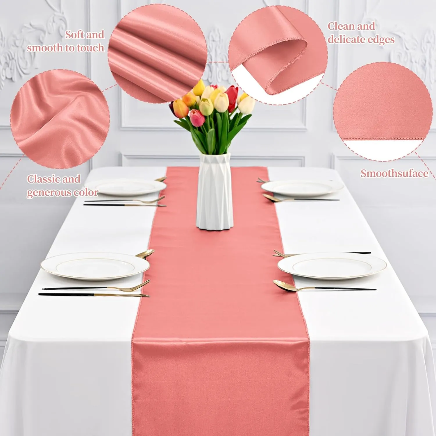 12 Pack Coral Satin Table Runner 12 x 108 Inch Long Premium Table Runners for Wedding Party Events Decoration, Birthday Parties, Banquets Decorations, Graduations, Engagements