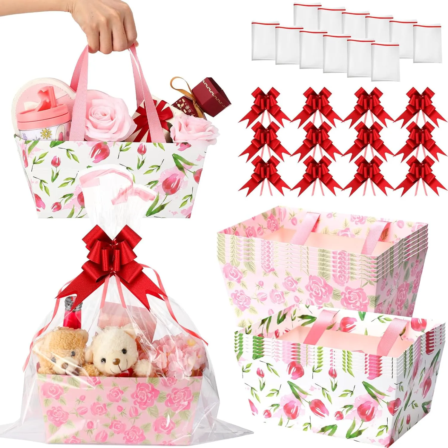 12 Pcs Mother's Day Basket for Gifts Empty 9.8 x 6.5'' Spring Tulip Rose Flower Pattern Gift Basket to Fill Sturdy with Handles, Bows, Plastic Bags and Twist Ties for Tea Party, Wedding, Anniversary