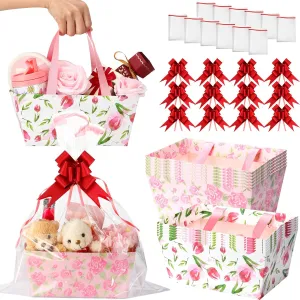 12 Pcs Mother's Day Basket for Gifts Empty 9.8 x 6.5'' Spring Tulip Rose Flower Pattern Gift Basket to Fill Sturdy with Handles, Bows, Plastic Bags and Twist Ties for Tea Party, Wedding, Anniversary