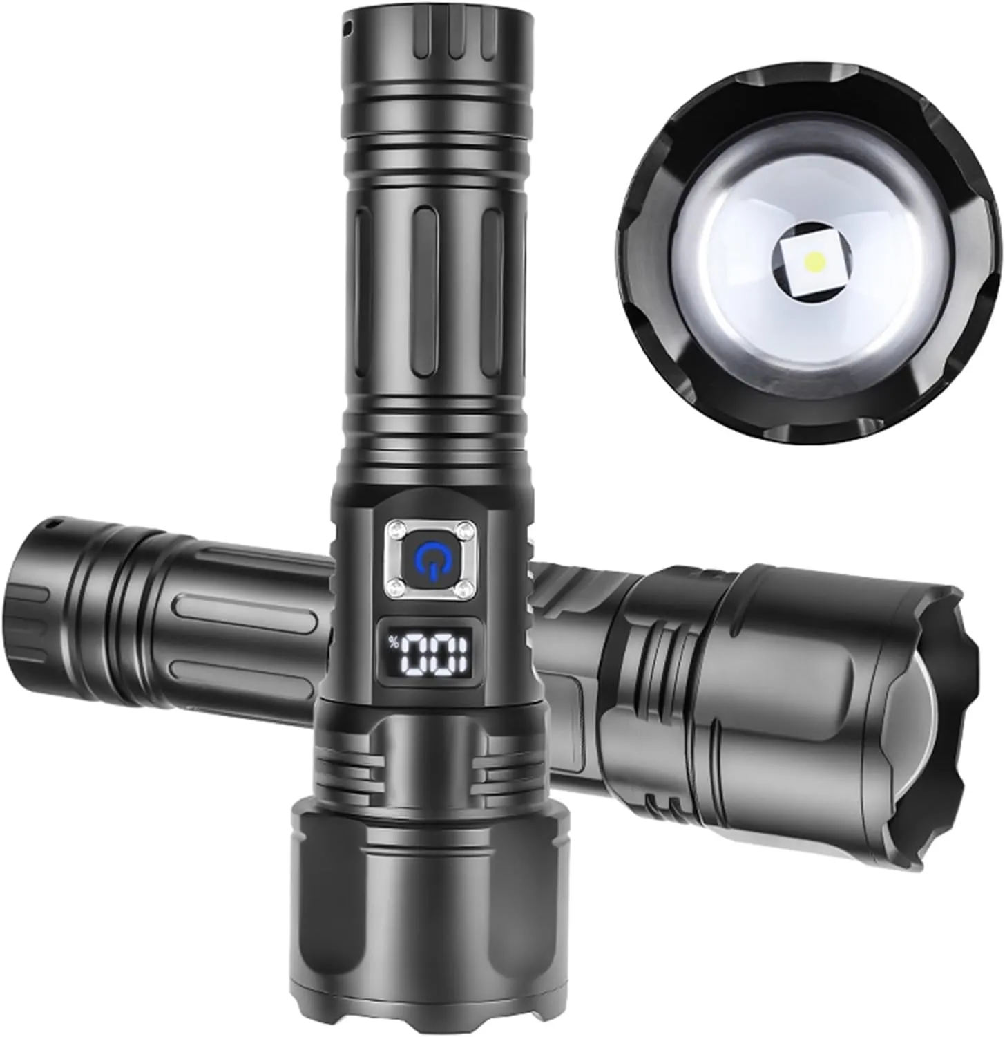 1200 Lumens LED High Powerful Flashlight, Super Bright USB Rechargeable Torch, 5 Lighting Modes, with Digital Display Zoomable IPX4 Waterproof Handheld Torch for Camping Hiking Emergencies(Battery(266