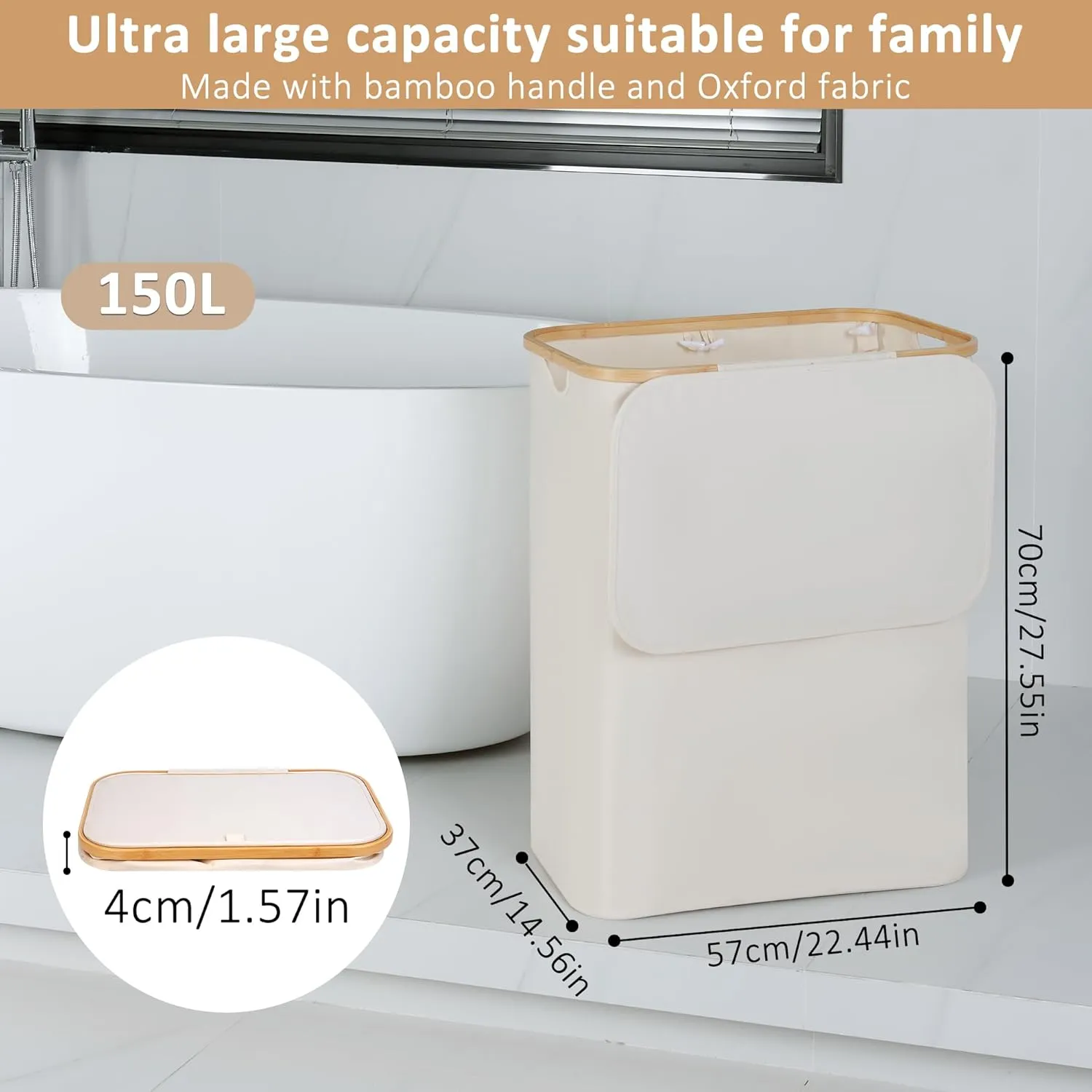 150L Laundry Basket with Lid, Large Laundry Hamper with Bamboo Handle, Collapsible Dirty Clothes Hamper Organizer with Removable Inner Bag for Clothes Toys Towels -Beige
