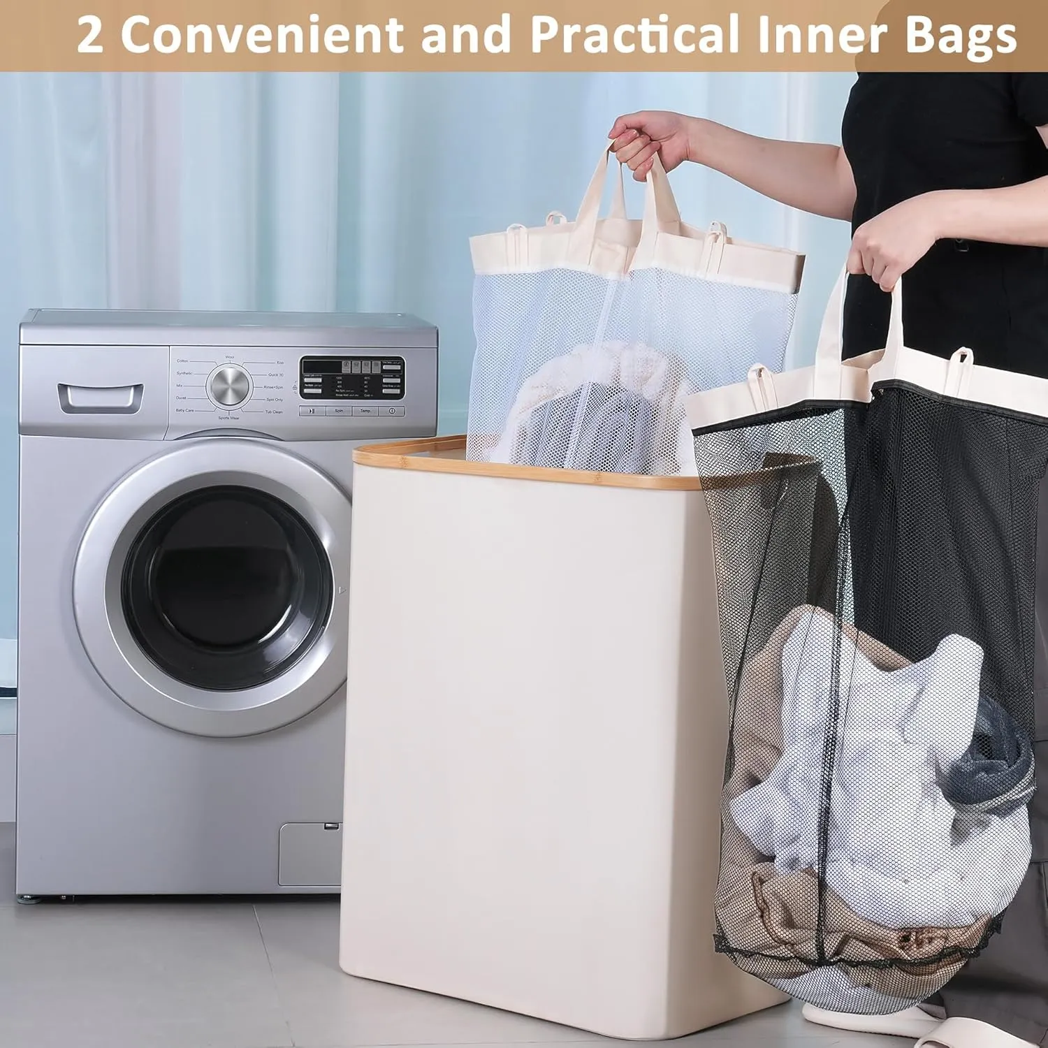 150L Laundry Basket with Lid, Large Laundry Hamper with Bamboo Handle, Collapsible Dirty Clothes Hamper Organizer with Removable Inner Bag for Clothes Toys Towels -Beige