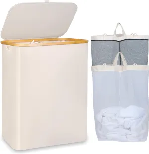 150L Laundry Basket with Lid, Large Laundry Hamper with Bamboo Handle, Collapsible Dirty Clothes Hamper Organizer with Removable Inner Bag for Clothes Toys Towels -Beige