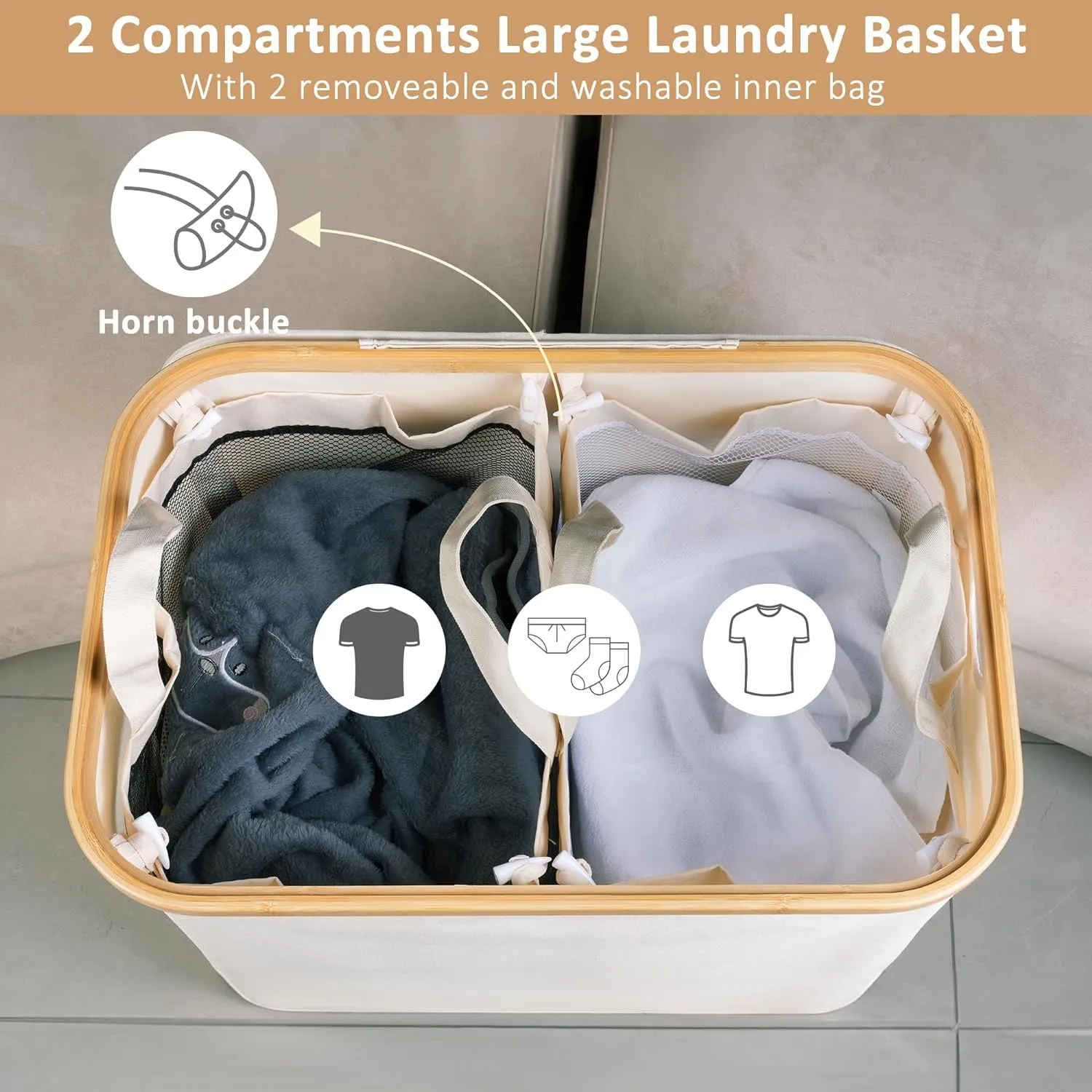 150L Laundry Basket with Lid, Large Laundry Hamper with Bamboo Handle, Collapsible Dirty Clothes Hamper Organizer with Removable Inner Bag for Clothes Toys Towels -Beige