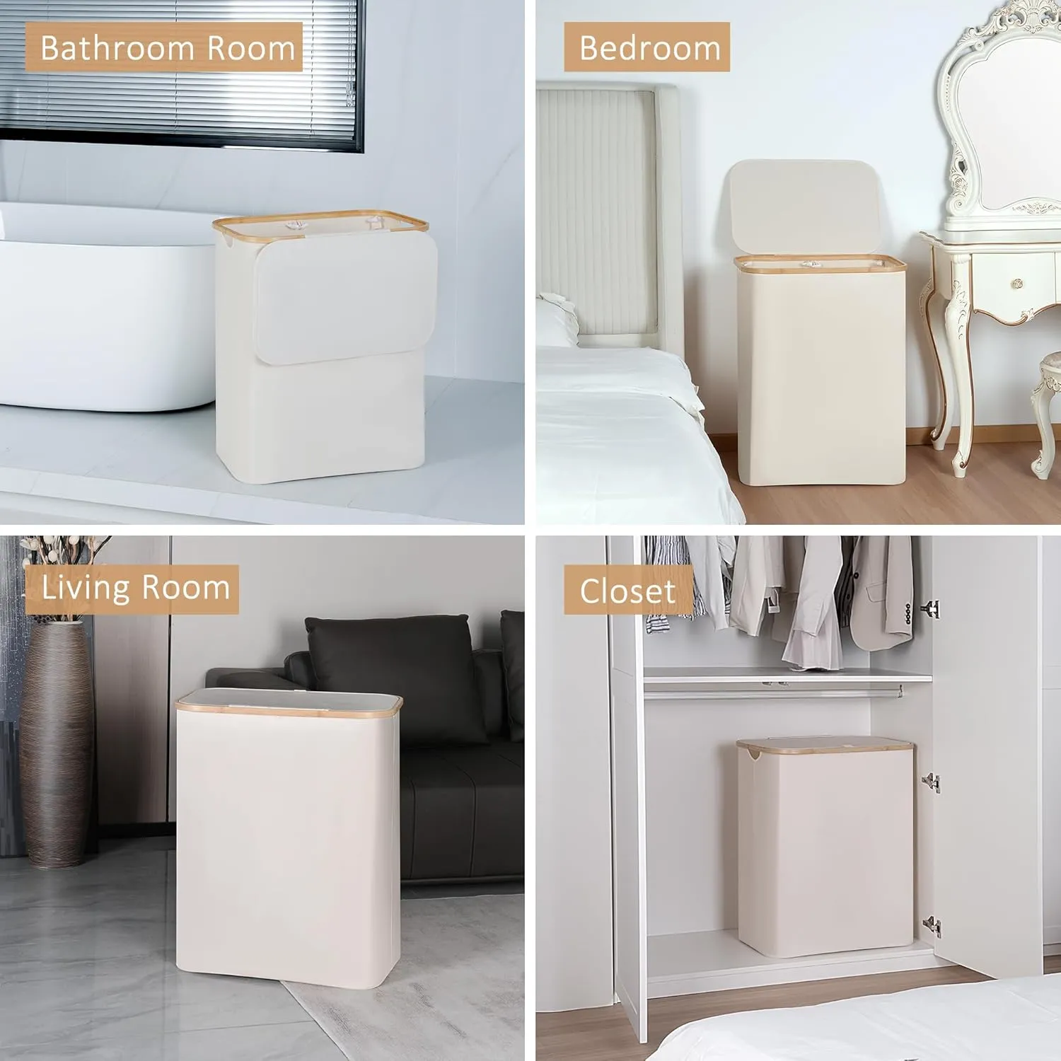 150L Laundry Basket with Lid, Large Laundry Hamper with Bamboo Handle, Collapsible Dirty Clothes Hamper Organizer with Removable Inner Bag for Clothes Toys Towels -Beige
