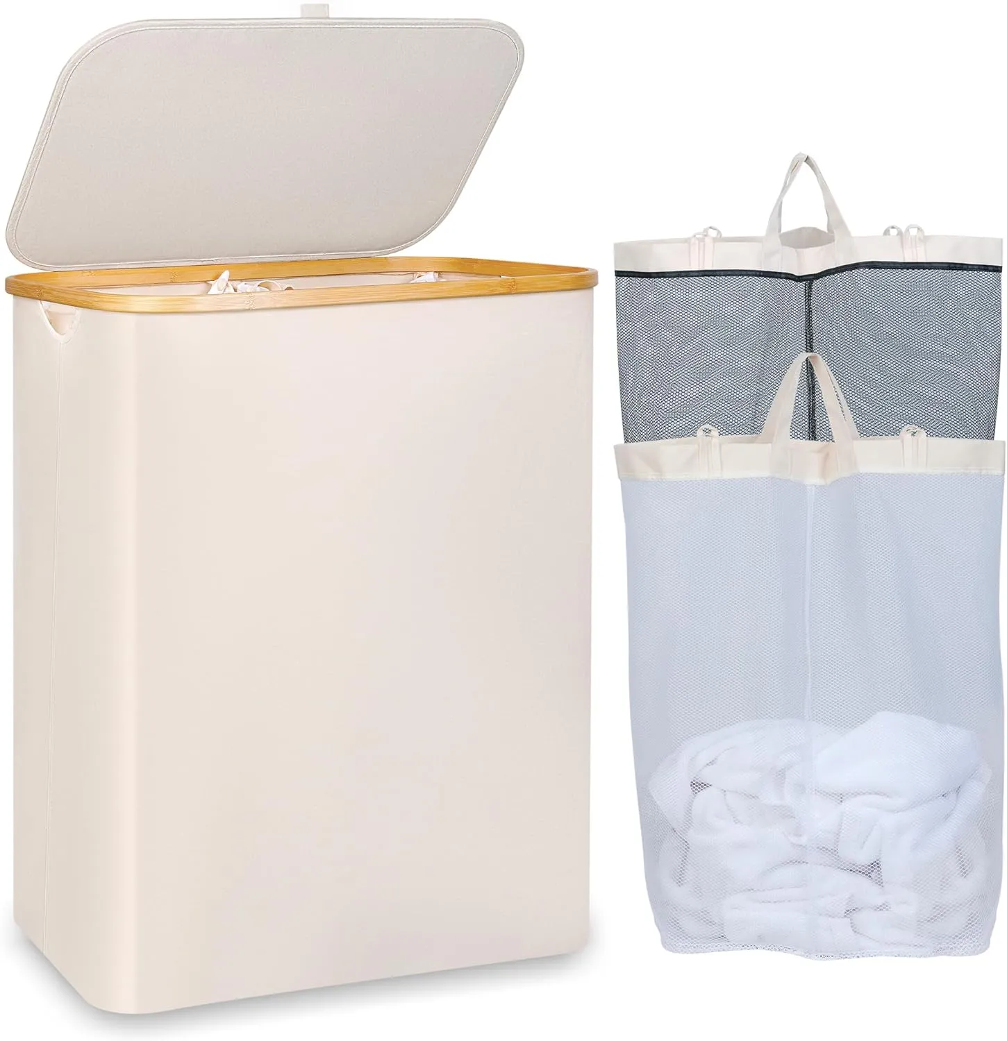 150L Laundry Basket with Lid, Large Laundry Hamper with Bamboo Handle, Collapsible Dirty Clothes Hamper Organizer with Removable Inner Bag for Clothes Toys Towels -Beige