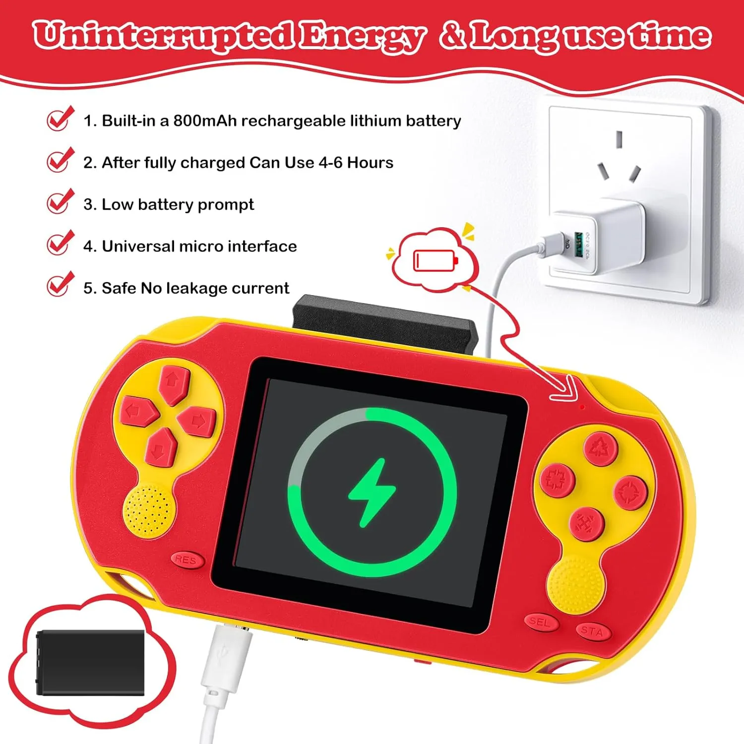 16 Bit Handheld Game for Kids, Video Game Player with Built in 230 HD Games, 3.0'' Screen Retro Electronic Game Machine with 3 Game Cartridges, Portable Rechargeable Games for Ages 3-12 (Red)