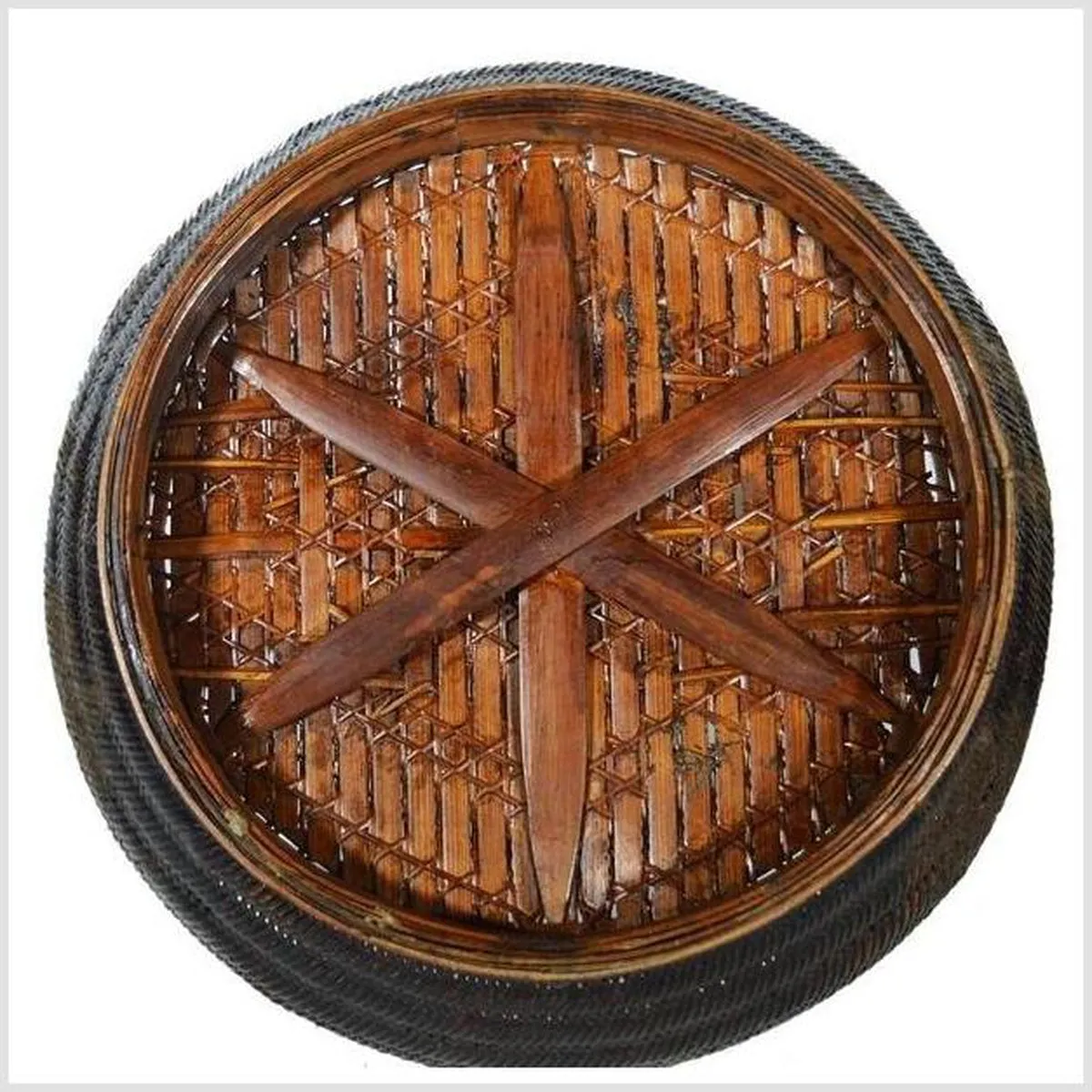 19th Century Chinese Handwoven and Painted Bamboo and Rattan Basket with Handle