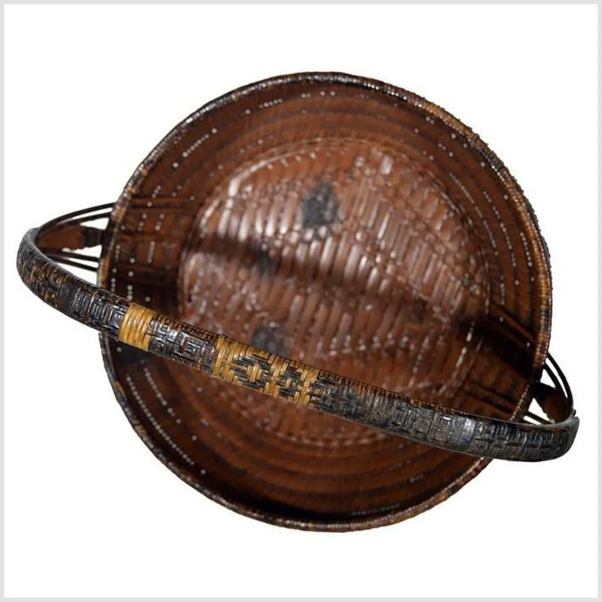 19th Century Chinese Handwoven and Painted Bamboo and Rattan Basket with Handle