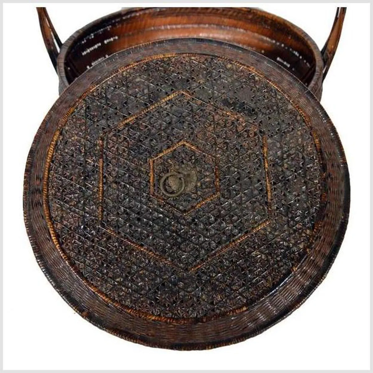 19th Century Chinese Handwoven and Painted Bamboo and Rattan Basket with Handle