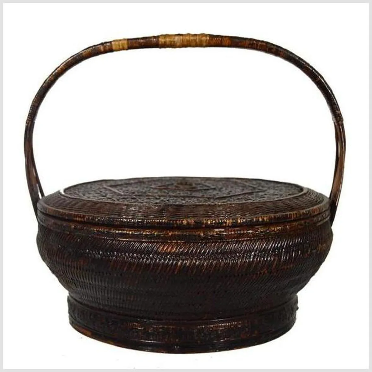 19th Century Chinese Handwoven and Painted Bamboo and Rattan Basket with Handle