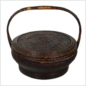 19th Century Chinese Handwoven and Painted Bamboo and Rattan Basket with Handle