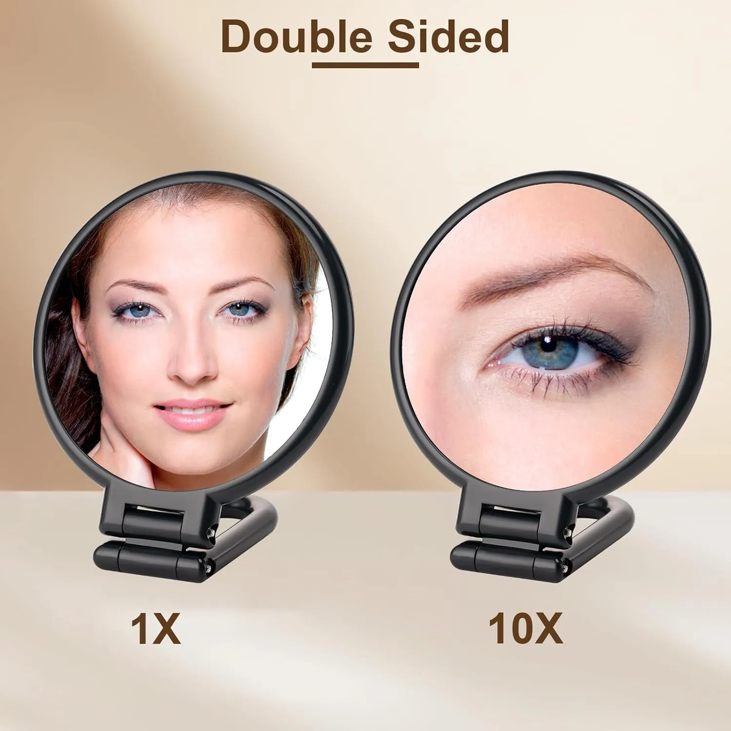1X/10X Magnifying Handheld Mirror Double Sided, Foldable Travel Makeup Mirror, Adjustable Rotation Pedestal Hand/Hanging/Desk Vanity Mirror-Black