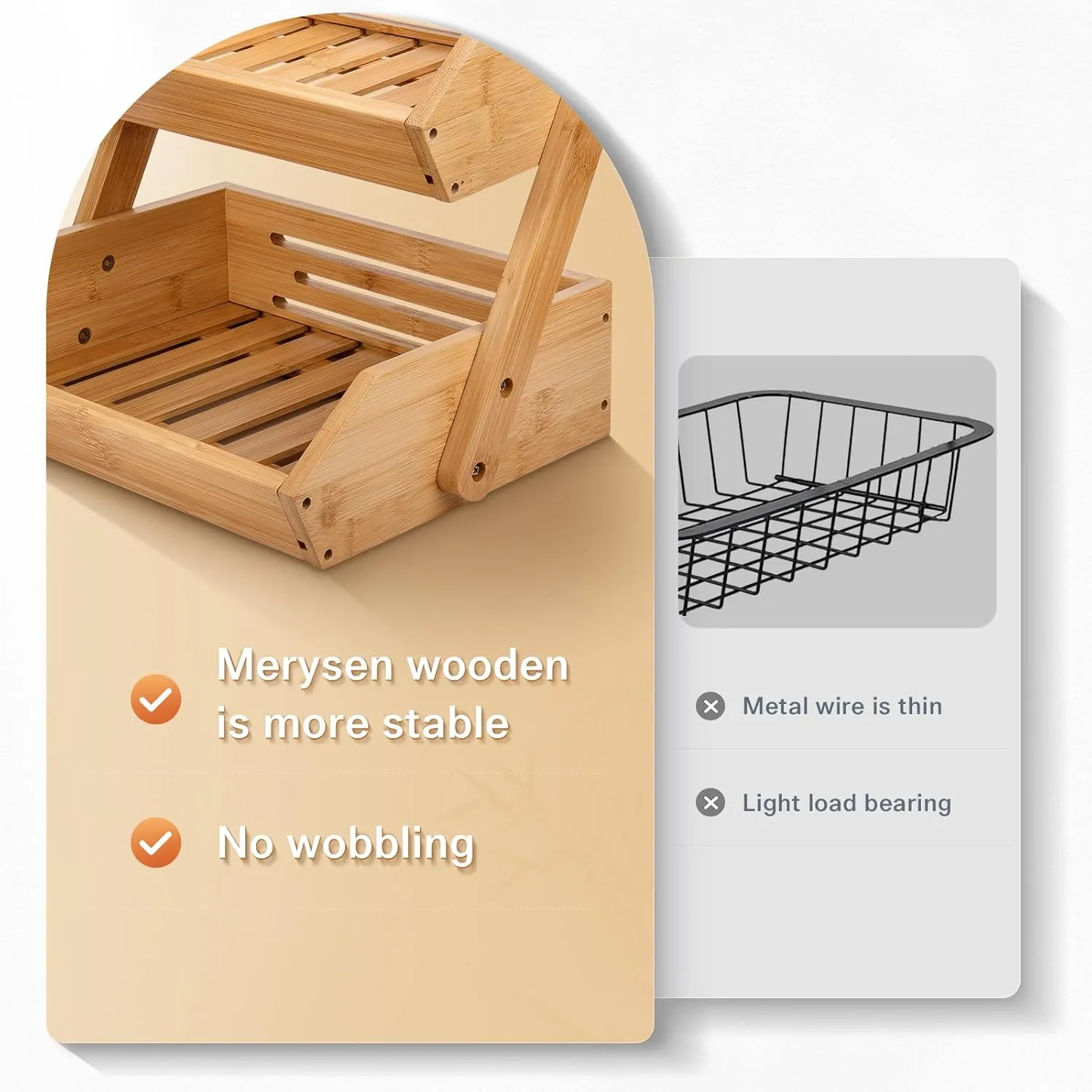 2 Tier Fruit Basket for Kitchen- Bamboo Fruit and Vegetable Storage Bowl Stand for Kitchen Countertop, Produce Basket Fruit Holder for Potato, Onion, Bread, Snack Storage