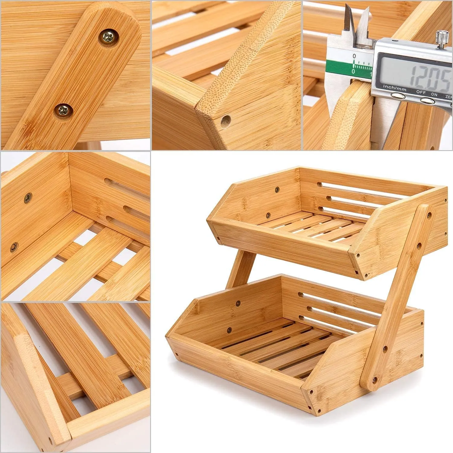 2 Tier Fruit Basket for Kitchen- Bamboo Fruit and Vegetable Storage Bowl Stand for Kitchen Countertop, Produce Basket Fruit Holder for Potato, Onion, Bread, Snack Storage