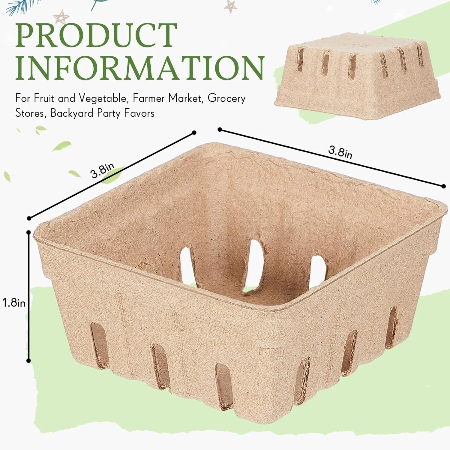 20 Pack Berry Basket Natural Pulp Fiber, Molded Strawberry Basket Produce Vented Container for Fruit and Vegetable, Farmer Market, Grocery Store, Backyard Party Favors (1/2 Pint)