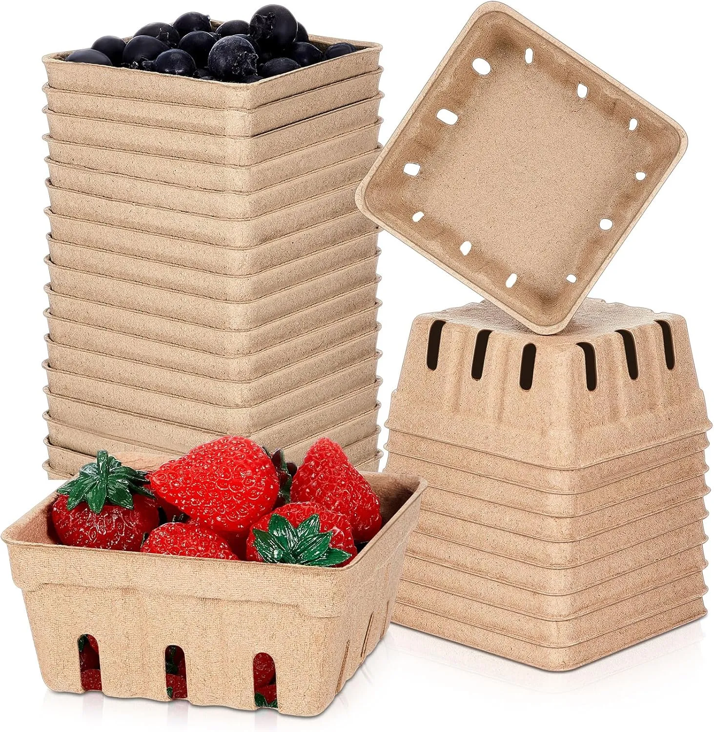 20 Pack Berry Basket Natural Pulp Fiber, Molded Strawberry Basket Produce Vented Container for Fruit and Vegetable, Farmer Market, Grocery Store, Backyard Party Favors (1/2 Pint)