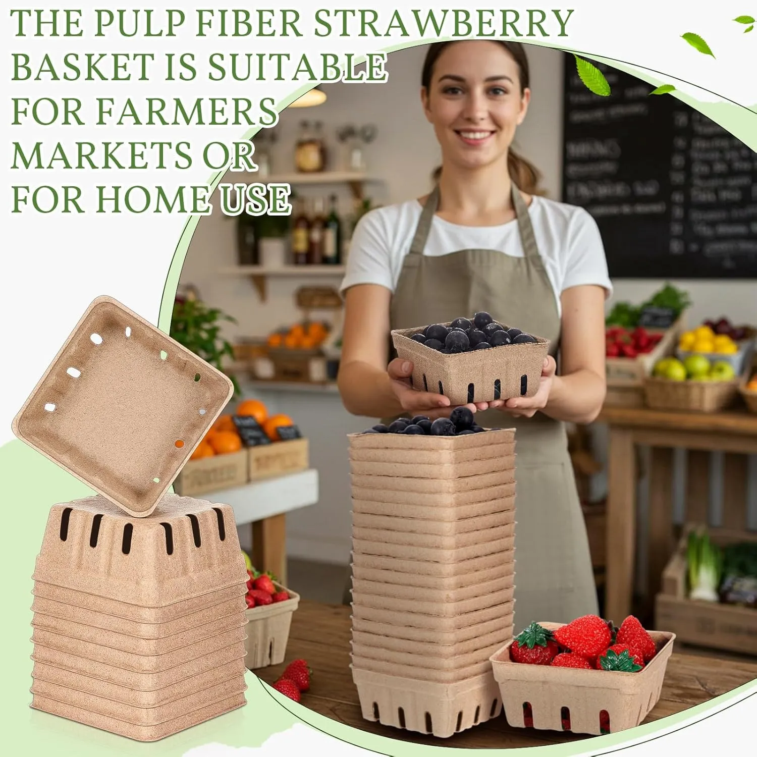 20 Pack Berry Basket Natural Pulp Fiber, Molded Strawberry Basket Produce Vented Container for Fruit and Vegetable, Farmer Market, Grocery Store, Backyard Party Favors (1/2 Pint)