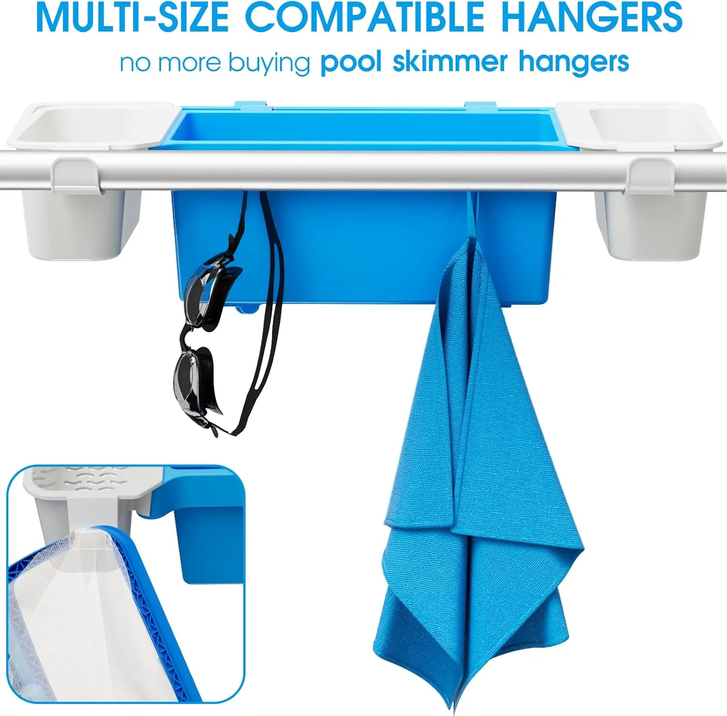 2025 2 Sets XL Poolside Storage Basket with 2 Cup Holder & Pole Hanger,Stretchable Pool Toy Holder Storage for Towels Drinks Pool Accessories Bar for Most Frame Above Ground Swimming Pools