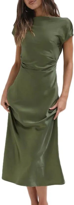 2025 Satin Cap Sleeve Cowl Back Summer Dresses for Women Elegant Ruched Waist Wedding Guest Midi Dress