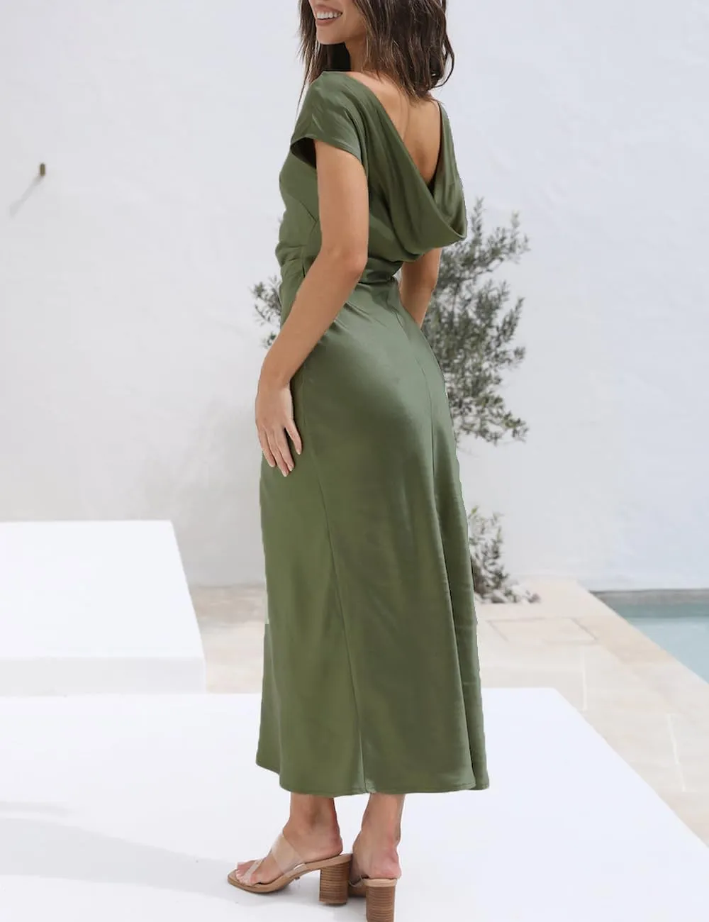 2025 Satin Cap Sleeve Cowl Back Summer Dresses for Women Elegant Ruched Waist Wedding Guest Midi Dress