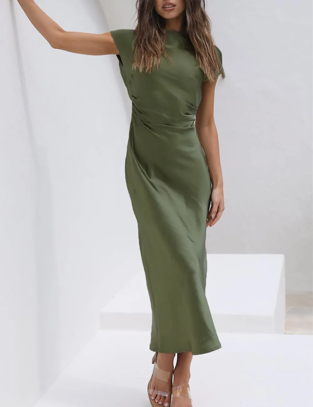 2025 Satin Cap Sleeve Cowl Back Summer Dresses for Women Elegant Ruched Waist Wedding Guest Midi Dress