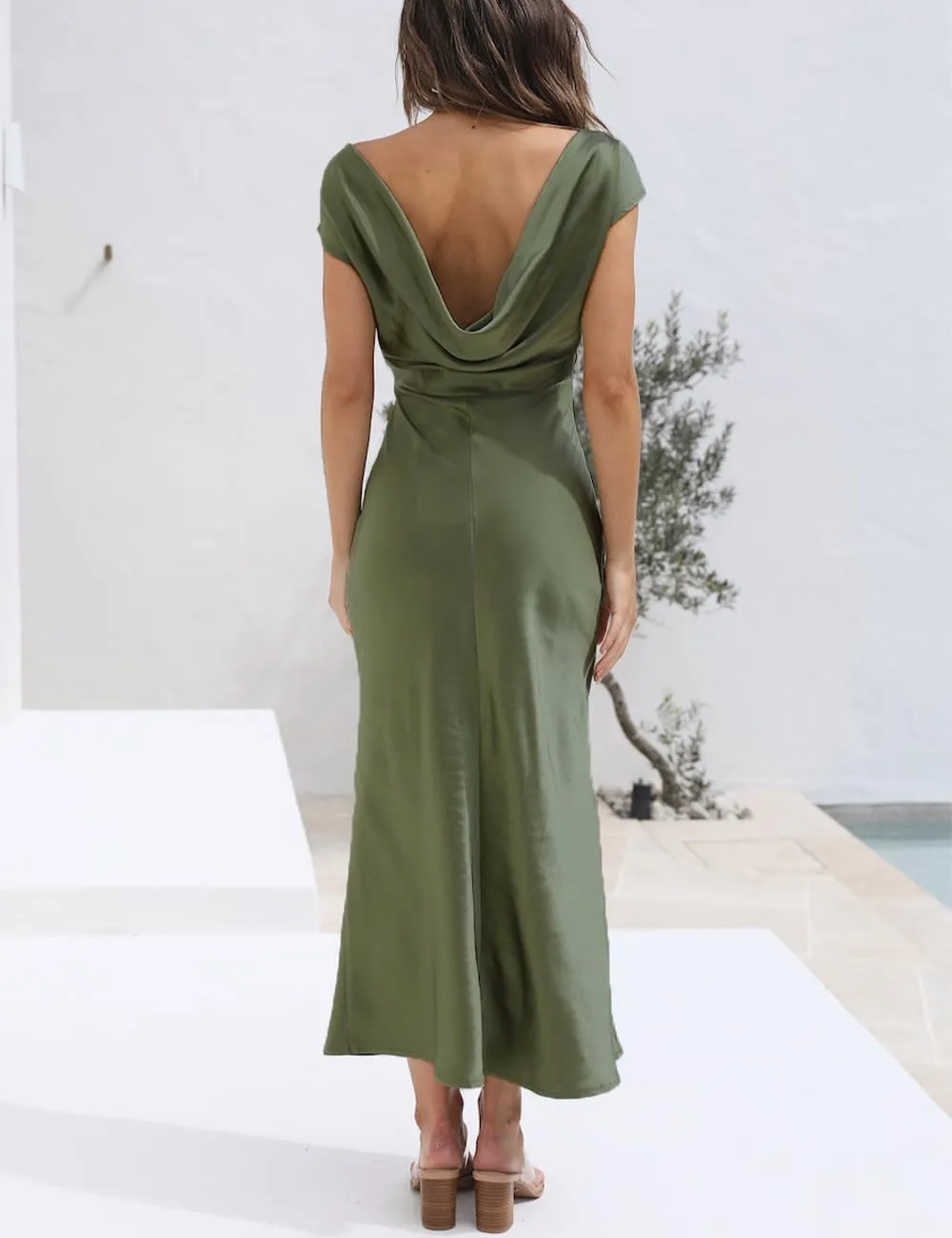 2025 Satin Cap Sleeve Cowl Back Summer Dresses for Women Elegant Ruched Waist Wedding Guest Midi Dress