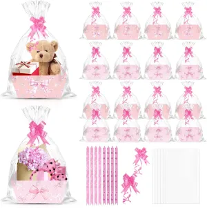 24 Set Pink Bow Party Baskets for Gifts Empty with Cellophane Basket Bags Bows Party Market Tray Cardboard Basket to Fill for Coquette Bow Birthday Bridal Shower Engagement Party Supplies