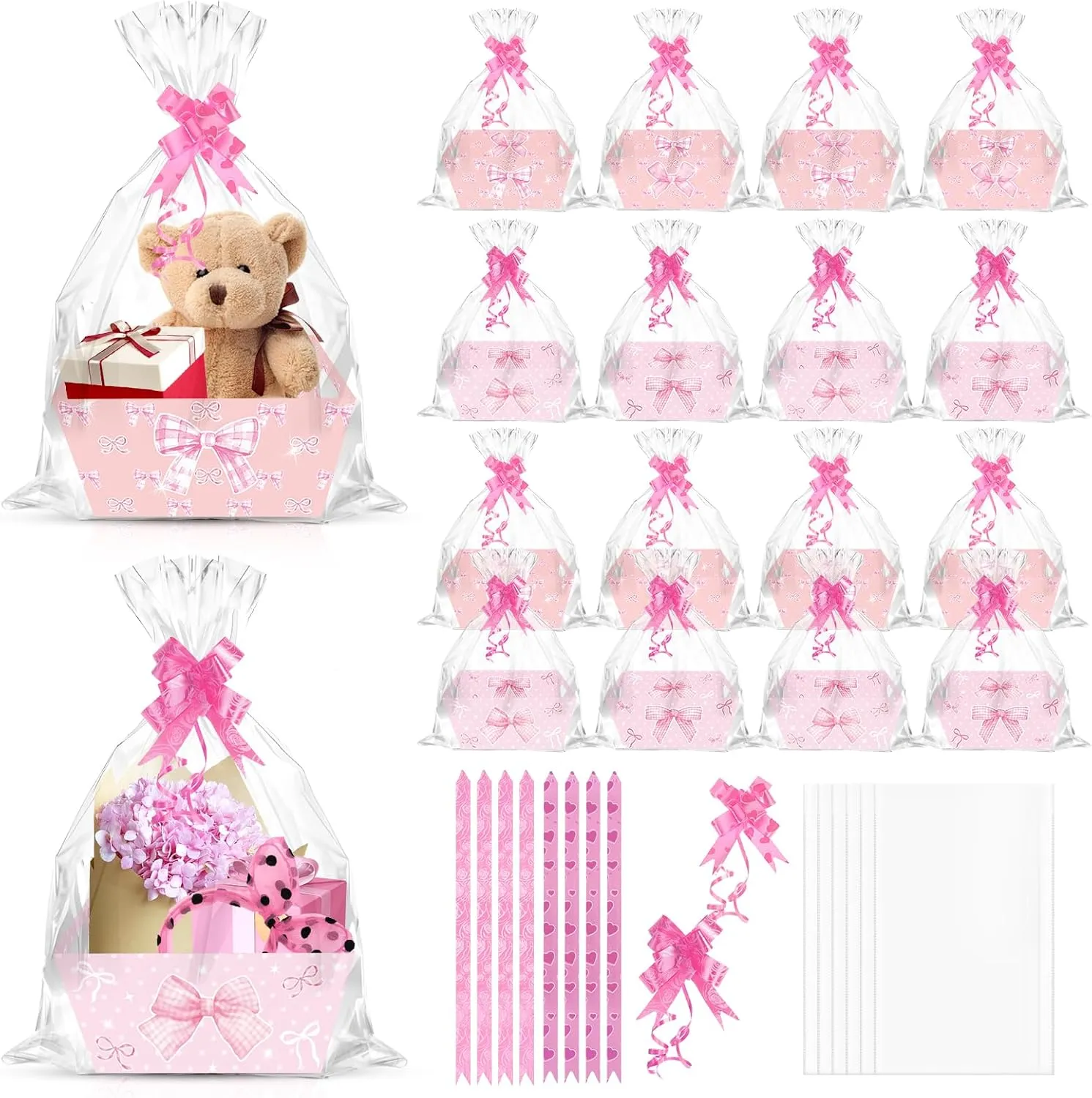 24 Set Pink Bow Party Baskets for Gifts Empty with Cellophane Basket Bags Bows Party Market Tray Cardboard Basket to Fill for Coquette Bow Birthday Bridal Shower Engagement Party Supplies