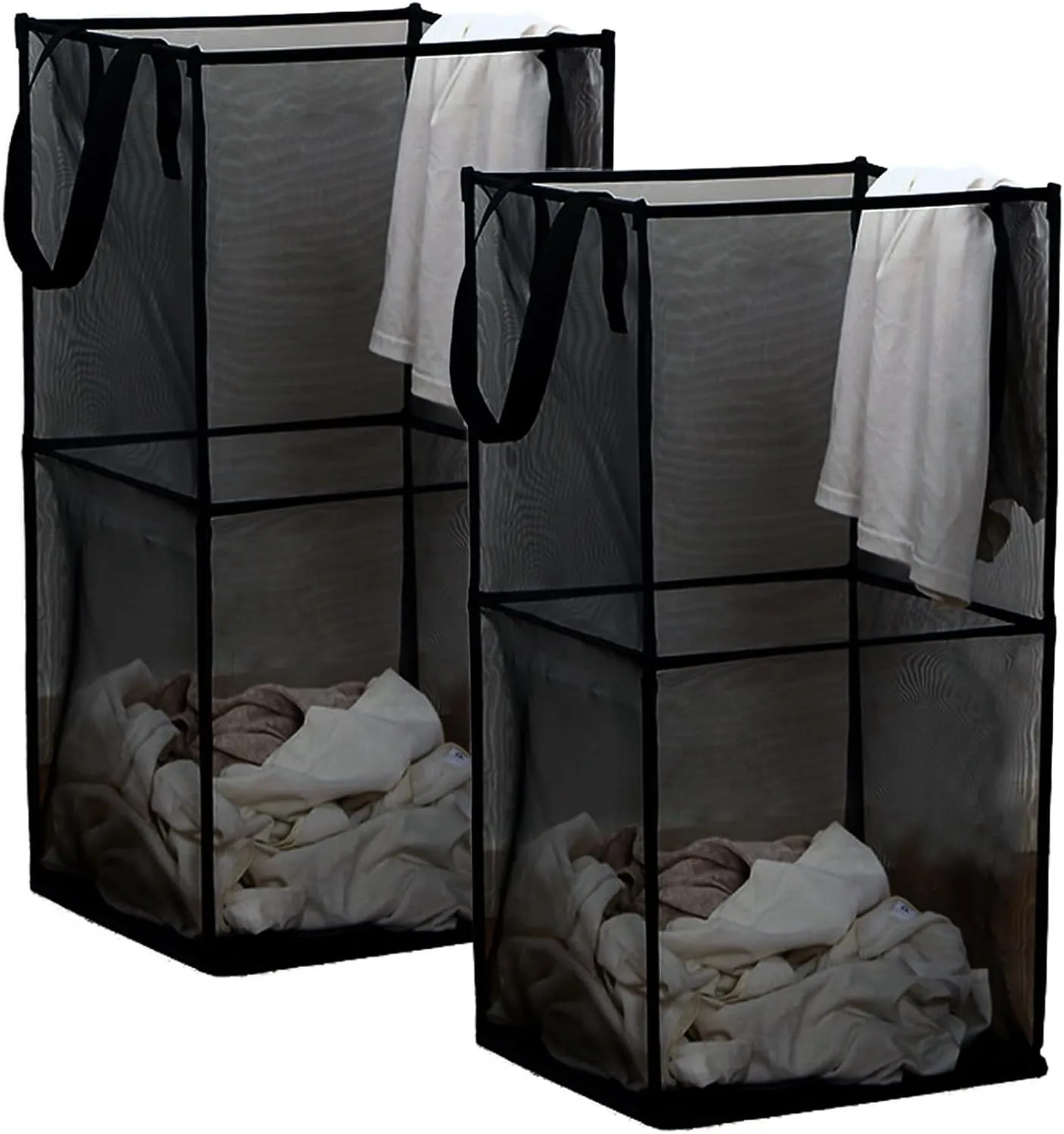 2Pack Pop Up Laundry Hamper, Mesh Collapsible Laundry Baskets Bags with Handles, 26in Large Capacity Foldable Laundry Basket Portable Hamper for Kids Toy, Bathroom, Dorm or Travel, Black