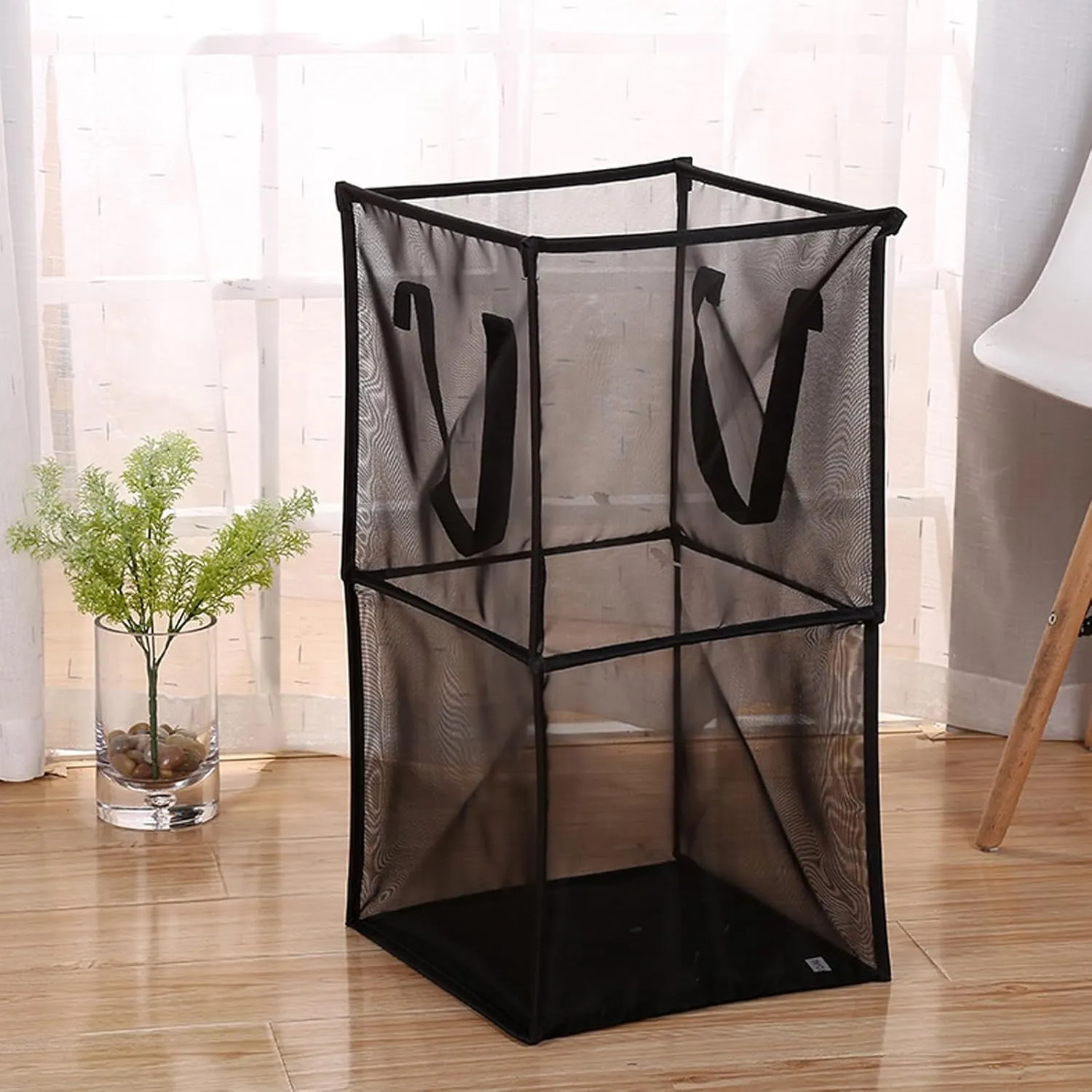 2Pack Pop Up Laundry Hamper, Mesh Collapsible Laundry Baskets Bags with Handles, 26in Large Capacity Foldable Laundry Basket Portable Hamper for Kids Toy, Bathroom, Dorm or Travel, Black