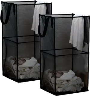 2Pack Pop Up Laundry Hamper, Mesh Collapsible Laundry Baskets Bags with Handles, 26in Large Capacity Foldable Laundry Basket Portable Hamper for Kids Toy, Bathroom, Dorm or Travel, Black