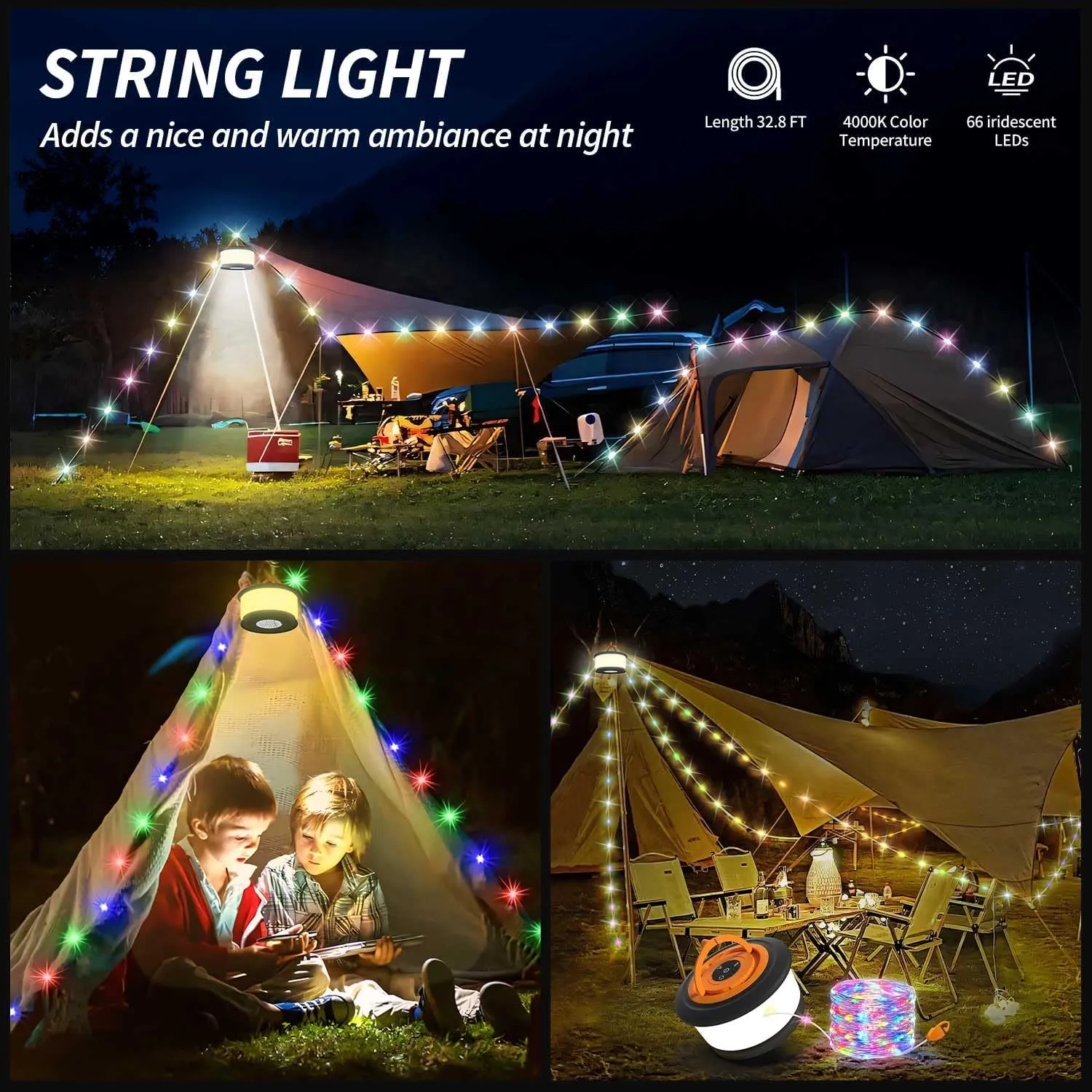2pcs Camping String Lights,2 in 1 Upgraded 32.8FT Rechargeable Tent Lights String with 19 Lighting Modes,Quick Storage camping lights，Portable LED Lamp for Bedroom Yard Decor Christmas (Black&Orange)