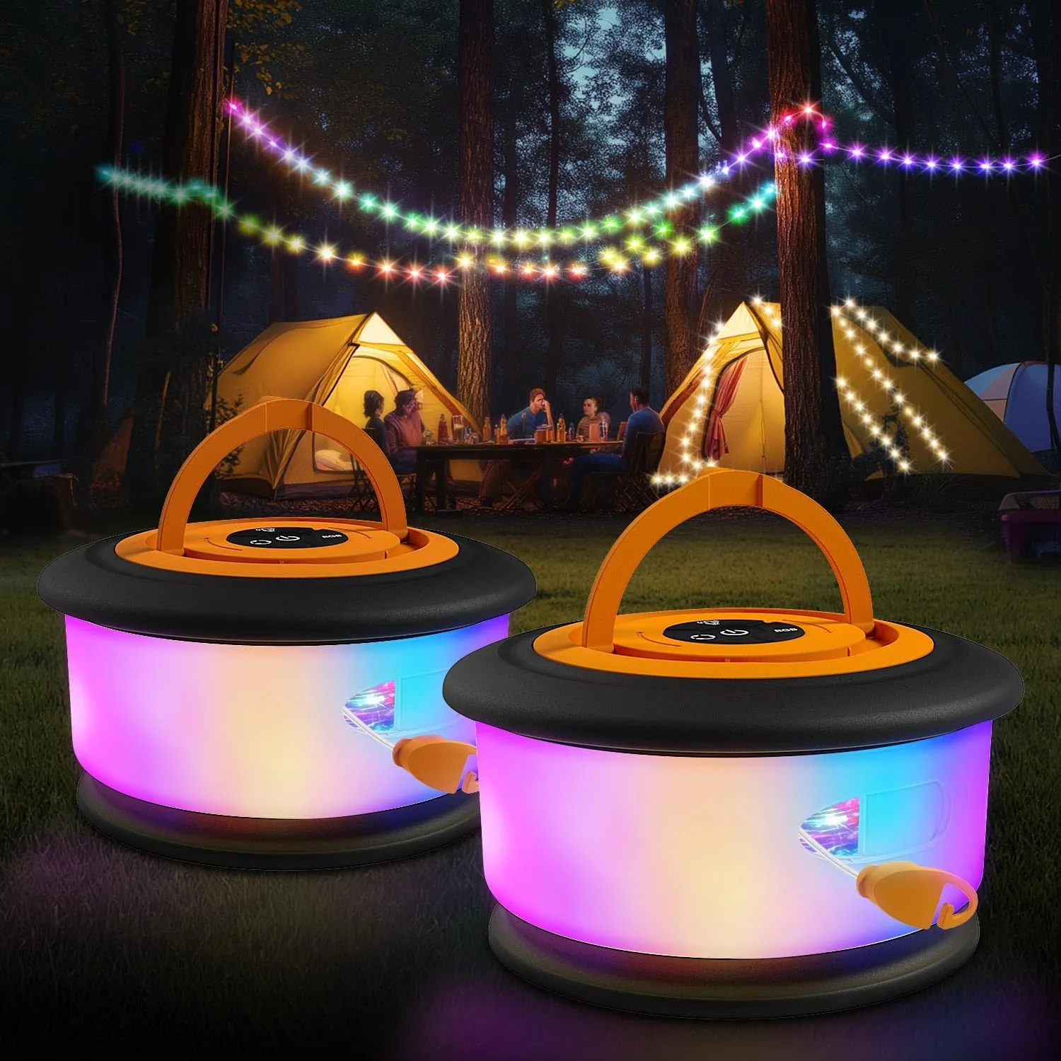 2pcs Camping String Lights,2 in 1 Upgraded 32.8FT Rechargeable Tent Lights String with 19 Lighting Modes,Quick Storage camping lights，Portable LED Lamp for Bedroom Yard Decor Christmas (Black&Orange)