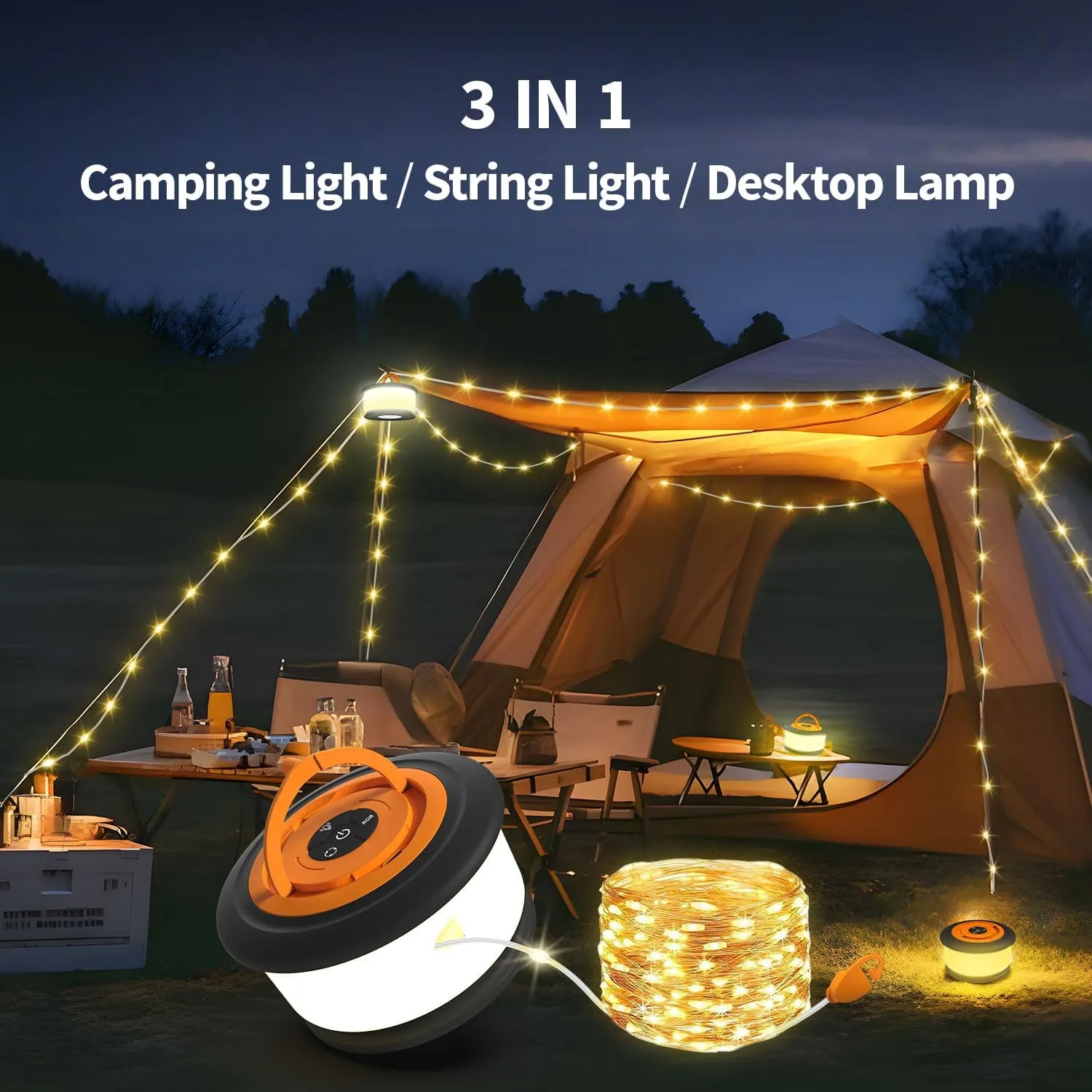 2pcs Camping String Lights,2 in 1 Upgraded 32.8FT Rechargeable Tent Lights String with 19 Lighting Modes,Quick Storage camping lights，Portable LED Lamp for Bedroom Yard Decor Christmas (Black&Orange)