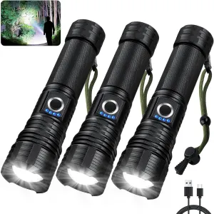 3 Pack Flashlights High Lumens Rechargeable, Super Bright Flashlight with 5 Modes, High Powered Flash Light, Handheld LED Flashlights for Home Camping, IPX6 Waterproof