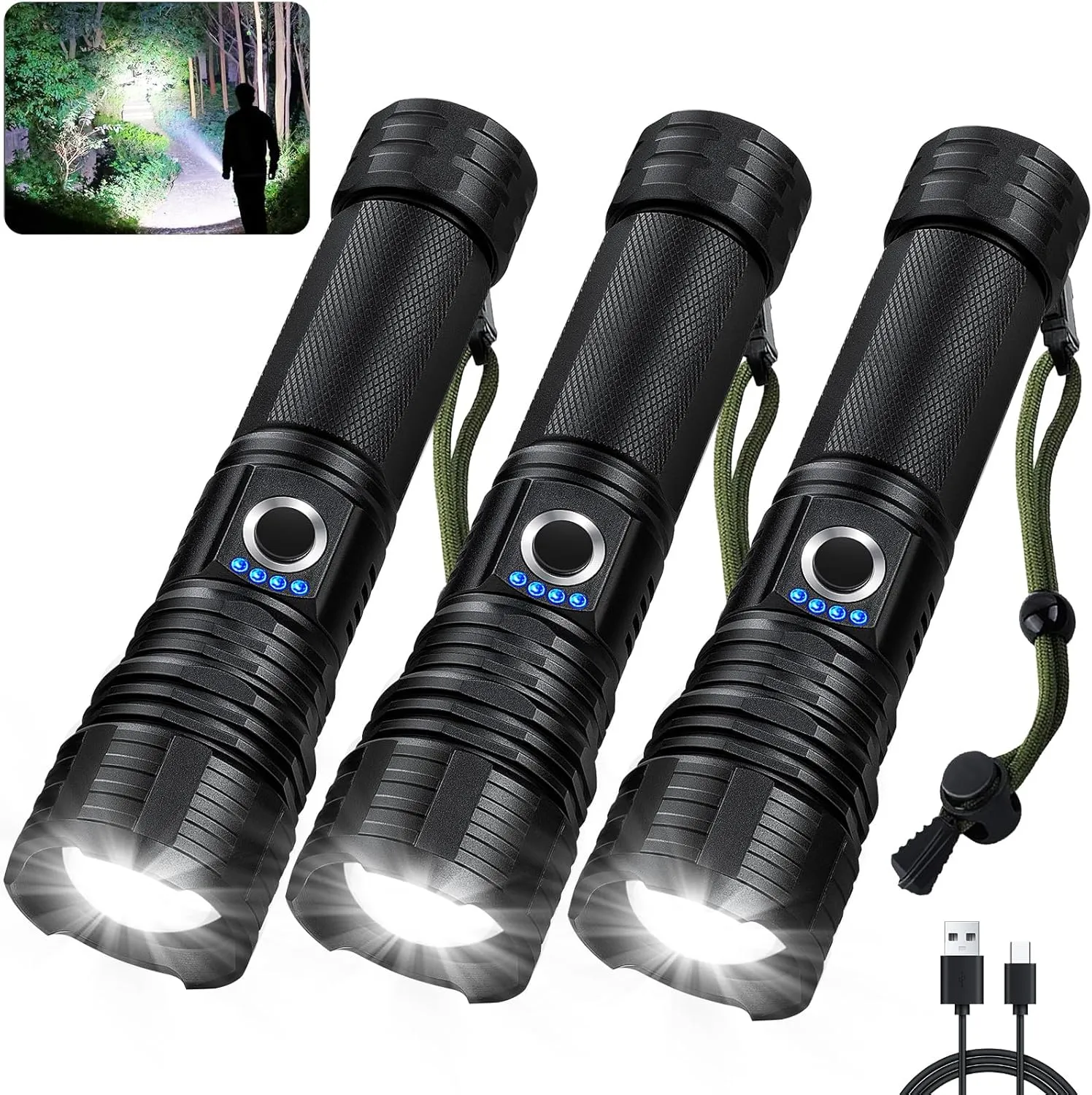 3 Pack Flashlights High Lumens Rechargeable, Super Bright Flashlight with 5 Modes, High Powered Flash Light, Handheld LED Flashlights for Home Camping, IPX6 Waterproof