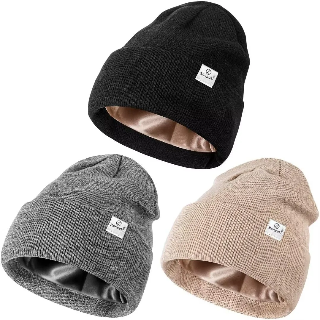 3 Pack Satin Lined Winter Beanie Hats for Women Men,Silk Lined Beanie Knit Soft Warm Cuffed Hat